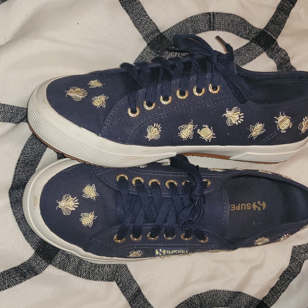 RARE NWOT Superga Women's Navy Sneakers with Gold Embroidery BEES 7 1/2